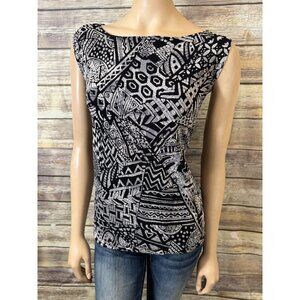 Chico's Blouse size 3 L Large‎ 16 Stretch Sleeveless Black White Geometric